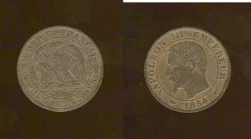 Cinq centimes Napoléon III, tête nue 1854 Paris TTB+